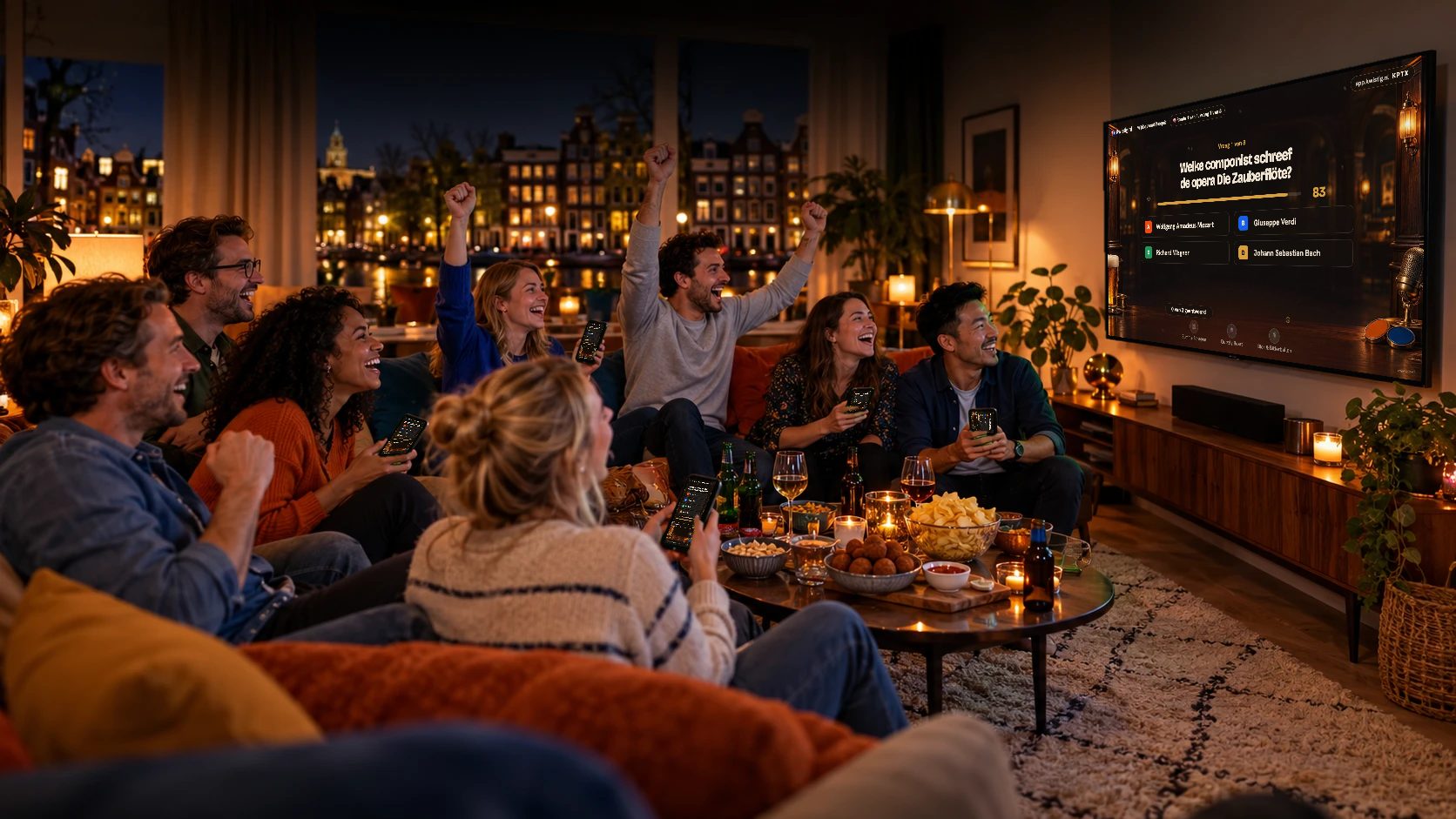 Vrienden in een huiskamer juichen naar de tv met een Kwistig-quizvraag; iedereen speelt mee op de eigen telefoon.
