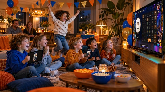 Kinderfeest: kinderen juichen voor de tv met de Kwistig-kinderbingo, met hun bingokaart op tablet en telefoon.