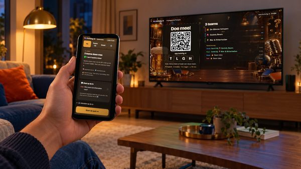 Een telefoon met de Kwistig-quizmasterbediening, met op de tv de lobby met QR-code en de teams die meedoen.