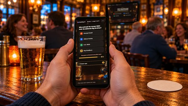 Een telefoon in de kroeg met een Kwistig-quizvraag en vier antwoorden.