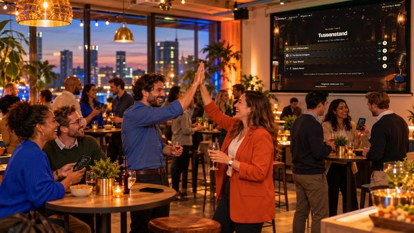 Collega's geven elkaar een high five; op het scherm staat de Kwistig-tussenstand.
