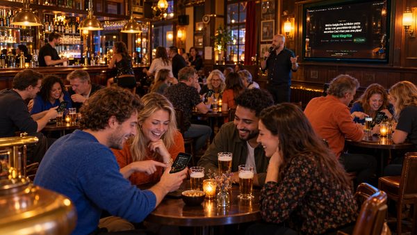Een volle kroeg; op de tv licht het goede antwoord op, aan tafel kijken teams op hun telefoon.