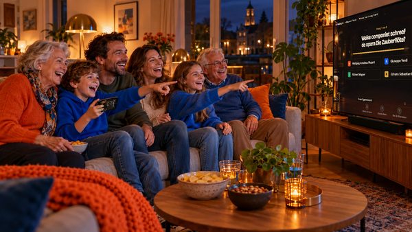 Een familie op de bank wijst lachend naar de tv met een Kwistig-quizvraag.