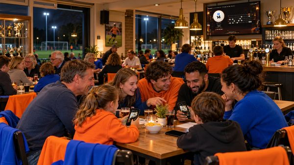 Een clubkantine; op de tv loopt de Kwistig-bingo, aan tafel staan de bingokaarten op de telefoons.